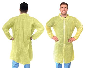 Yellow Disposable Lab Coats for Adults, XL. 50 Pack PP Disposable Coats Medical. 44 Inches Length Painting Lab Coat No Pocket, Hook and Loop, Col