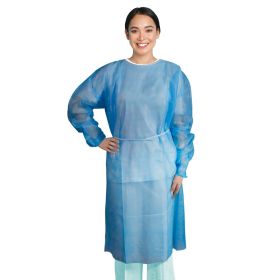 Disposable Isolation Gown X-Large. Pack of 5 Blue Disposable Gowns with Sleeves, Elastic Wrists