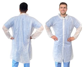 White Disposable Lab Coats for Adults, 2XL. 50 Pack PP Disposable Coats Medical. 44 Inches Length Painting Lab Coat No Pocket, Hook and Loop, Col
