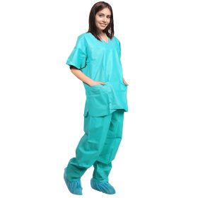 Teal Disposable Scrubs Top and Bottom, 2X-Large. Pack of 5 Disposable Scrubs Set. Anti-Static 42 GSM SMS Medical Suit with 3 Pockets, V-Neck