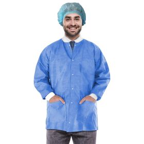 Disposable Lab Jacket, 31 Inches Long. Pack of 100 Medical Blue Disposable Hip-Length Workwear Large. SMS 50 gsm Disposable Shirts with Snaps Fro