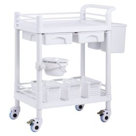 VEVOR 2 Tiers Lab Carts Mobile Medical Cart 2 Trays 2 Drawers 3 Trash Cans White, Trolley Storage Cart with PP Material